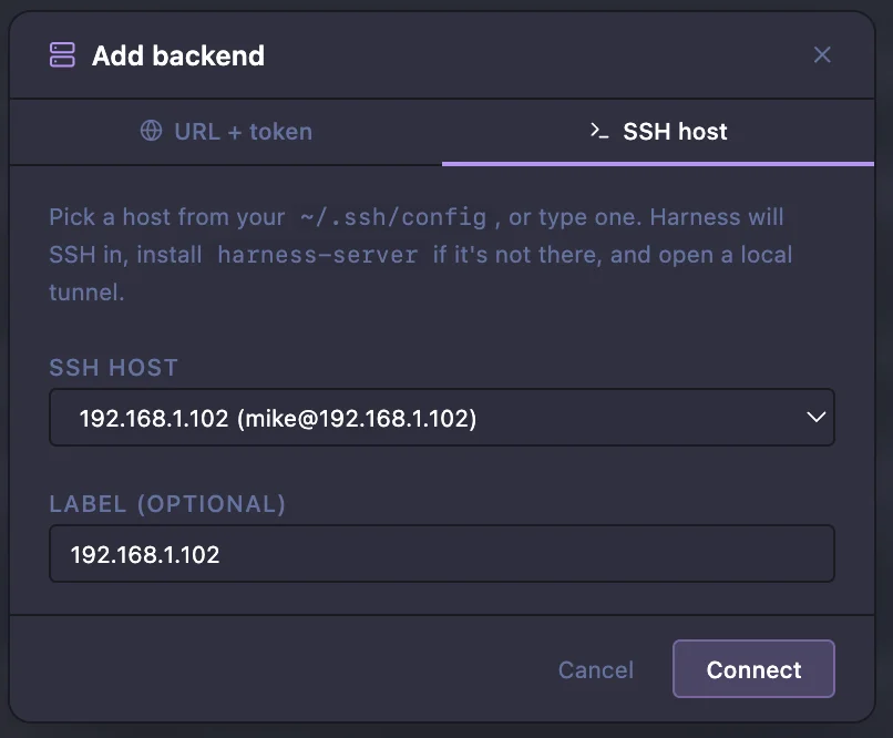 The Add backend dialog's SSH host tab, with a host picked from ~/.ssh/config, an optional label, and a Connect button.