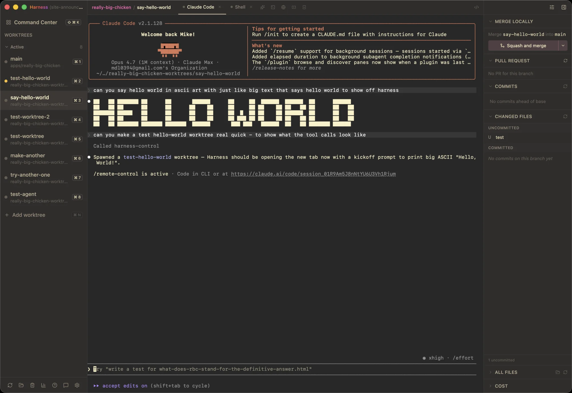The same Harness session rendered in Terminal mode, with the Claude Code TUI showing raw streamed output and a > prompt.